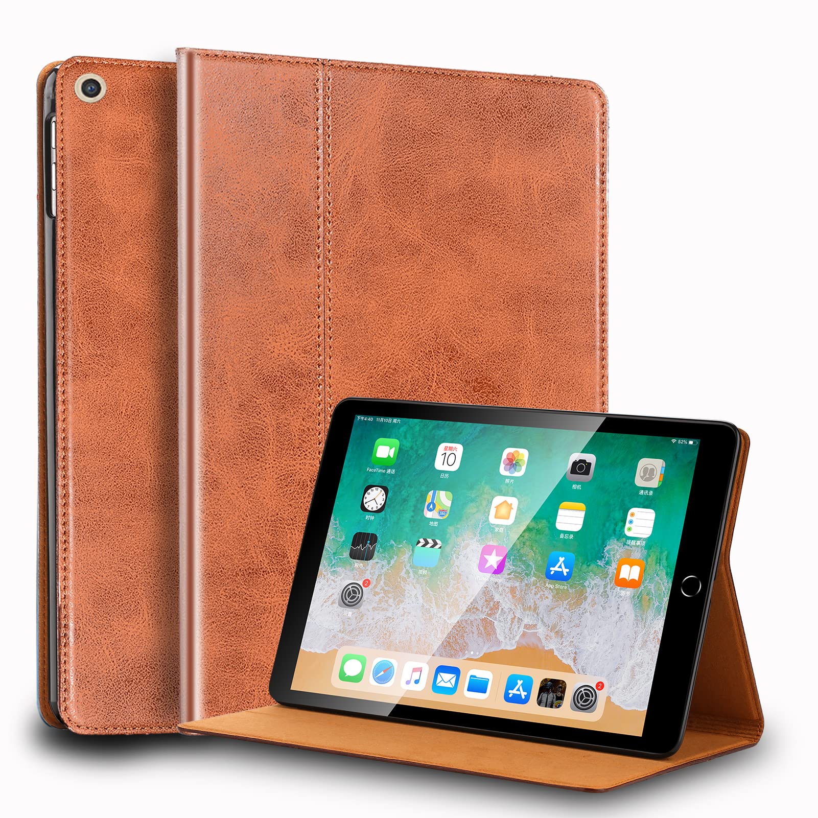 Nanruil For Ipad Case 10.2 Inch 9Th/8Th/7Th Gen Genuine Leather Cover Protective Shell For 2021/2020/2019,Auto Wake/Sleep.Brown
